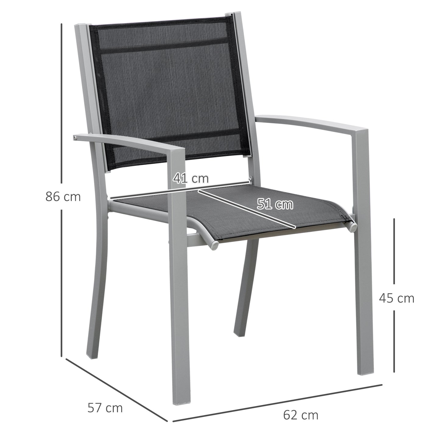 Outsunny Outdoor Chairs, Set of 2, Square Steel Frame, Texteline Seats, Foot Caps, Mesh, Boxy, Comfortable, Easy Clean, Black/Grey