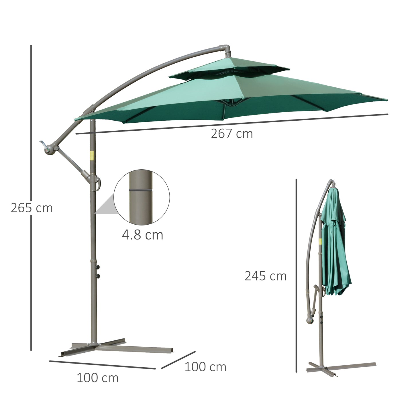 Outsunny 2.7m Cantilever Banana Parasol with Crank Handle, Double Tier Canopy & Cross Base, Outdoor Hanging Sun Shade, Green