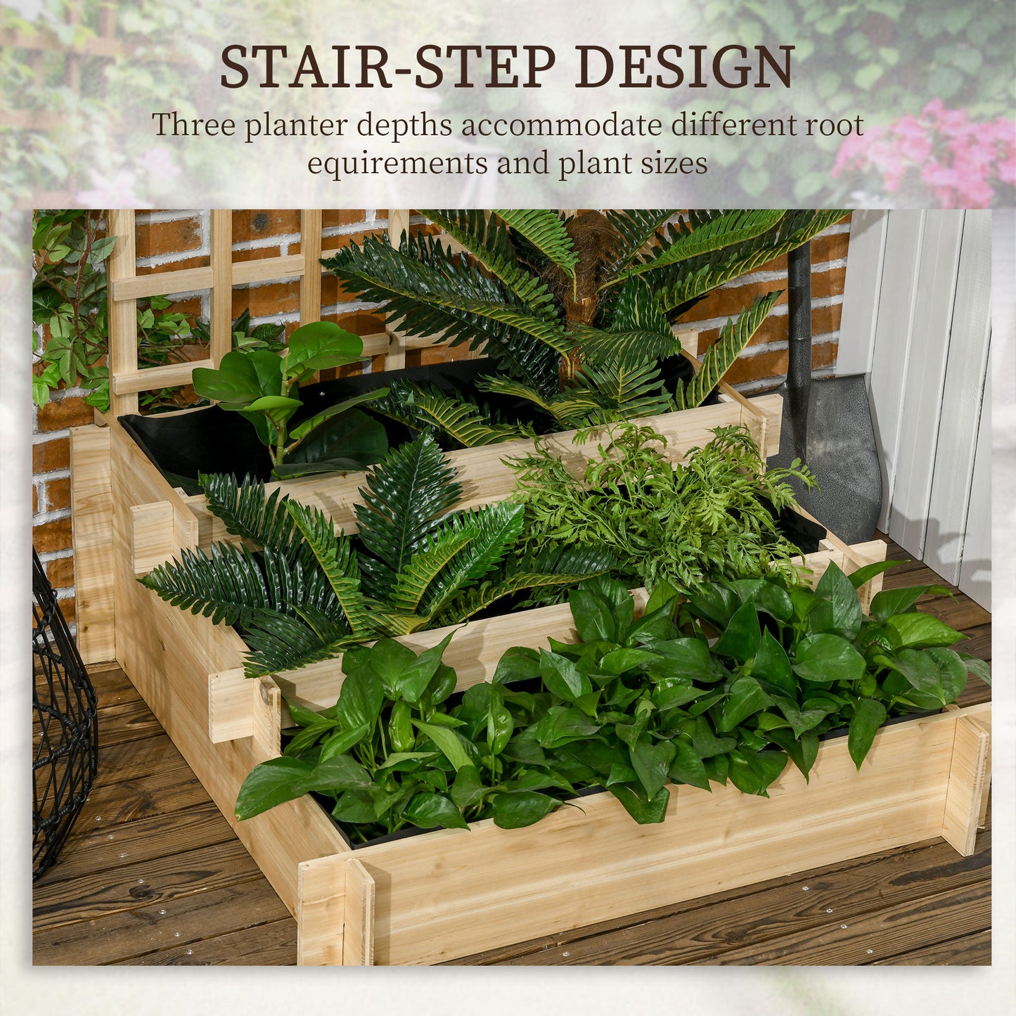 Outsunny 3 Tier Garden Planters with Trellis for Vine Climbing, Wooden Raised Beds, 95x95x110cm, Natural Tone