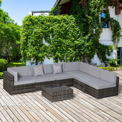 Outsunny 7 PC Garden Rattan Furniture Set Patio Outdoor Sectional Wicker Weave Sofa Seat Coffee Table w/ Cushion and Pillow Buckle Structure