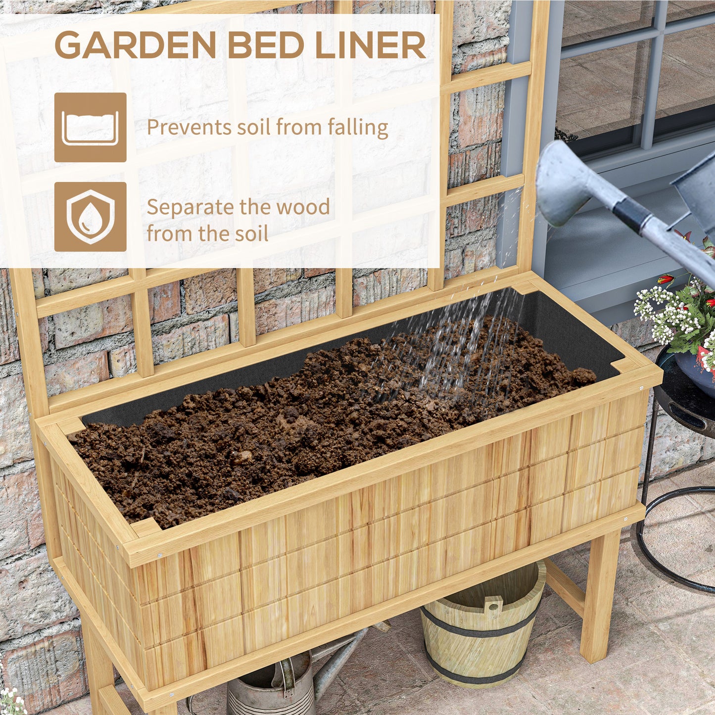 Outsunny Wooden Raised Planter with Trellis for Vine Climbing Plants, Elevated Garden Bed with Drainage Holes and Bed Liner