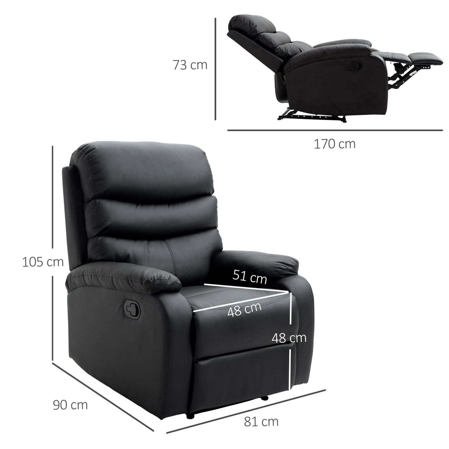HOMCOM PU Leather Reclining Chair, Manual Recliner Chair with Padded Armrests, Retractable Footrest and Wood Frame, Black