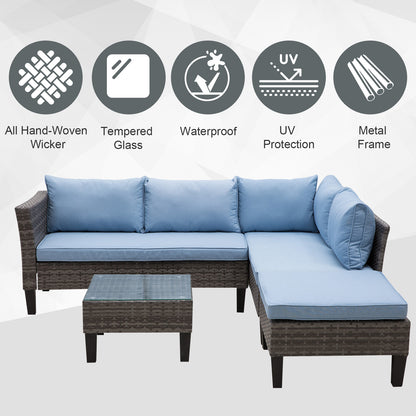 Outsunny 4-Seater Rattan Garden Furniture Corner Sofa Set w/ 2 Seats Footstool Square Glass Top Coffee Table Thick Blue Cushions Solid Legs - Grey