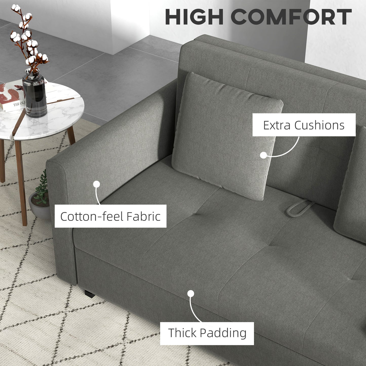 HOMCOM 2 Seater Sofa Bed, Convertible Bed Settee, Modern Fabric Loveseat Sofa Couch w/ Cushions, Hidden Storage for Guest Room, Light Grey