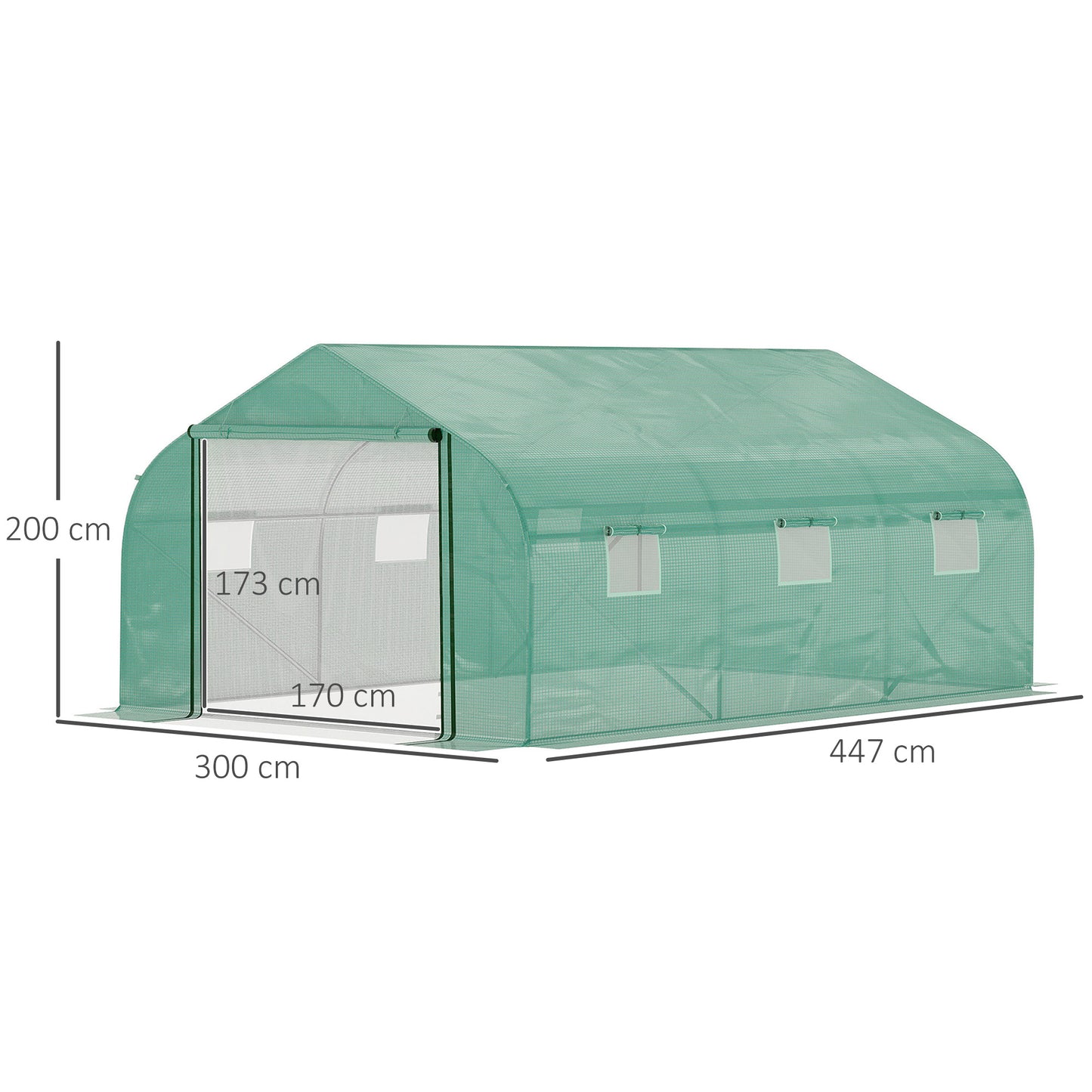 Outsunny 4.47 x 3 x 2m Walk-in Tunnel Greenhouse, Portable Polytunnel Tent, Plant Hot House with PE Cover, Zippered Roll Up Door and 6 Windows, Green