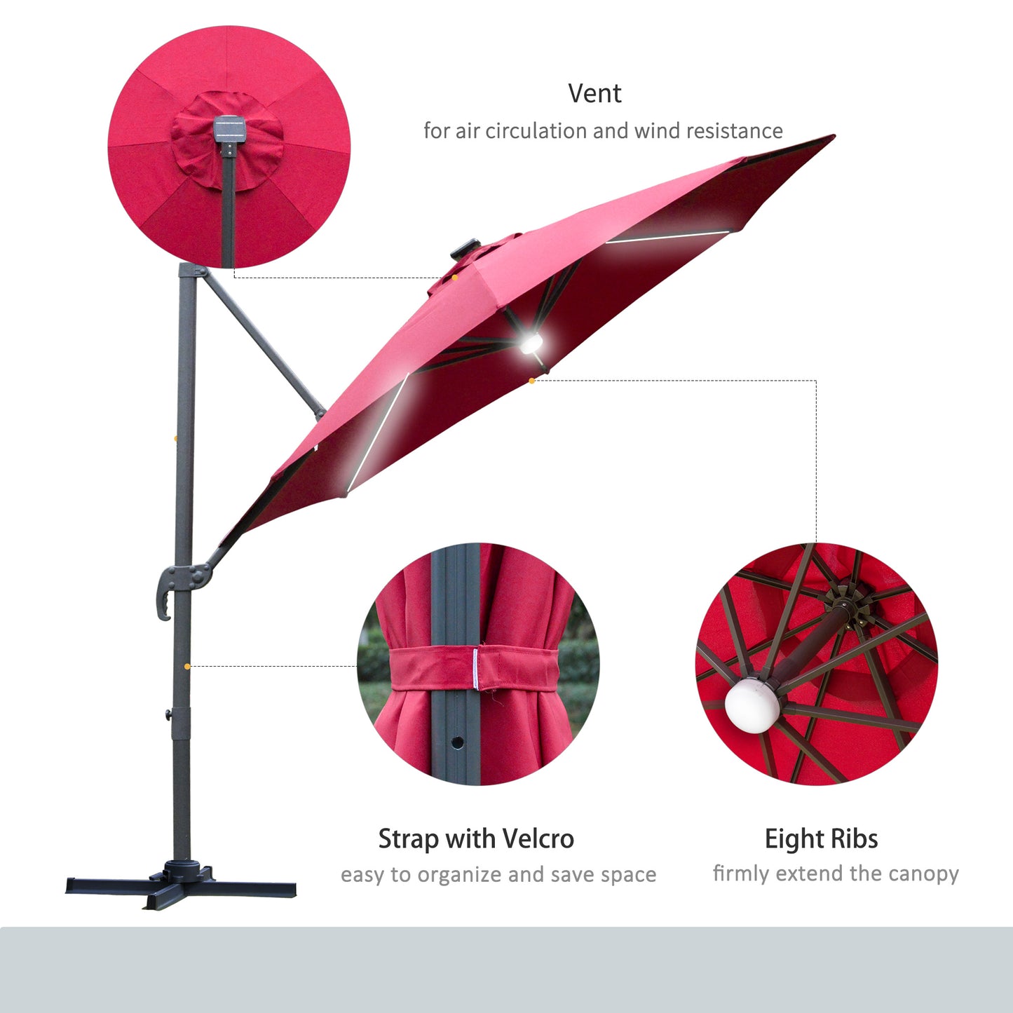 Outsunny 3(m) Cantilever Roma Parasol Adjustable Garden Sun Umbrella with LED Solar Light Cross Base 360° Rotating, Red