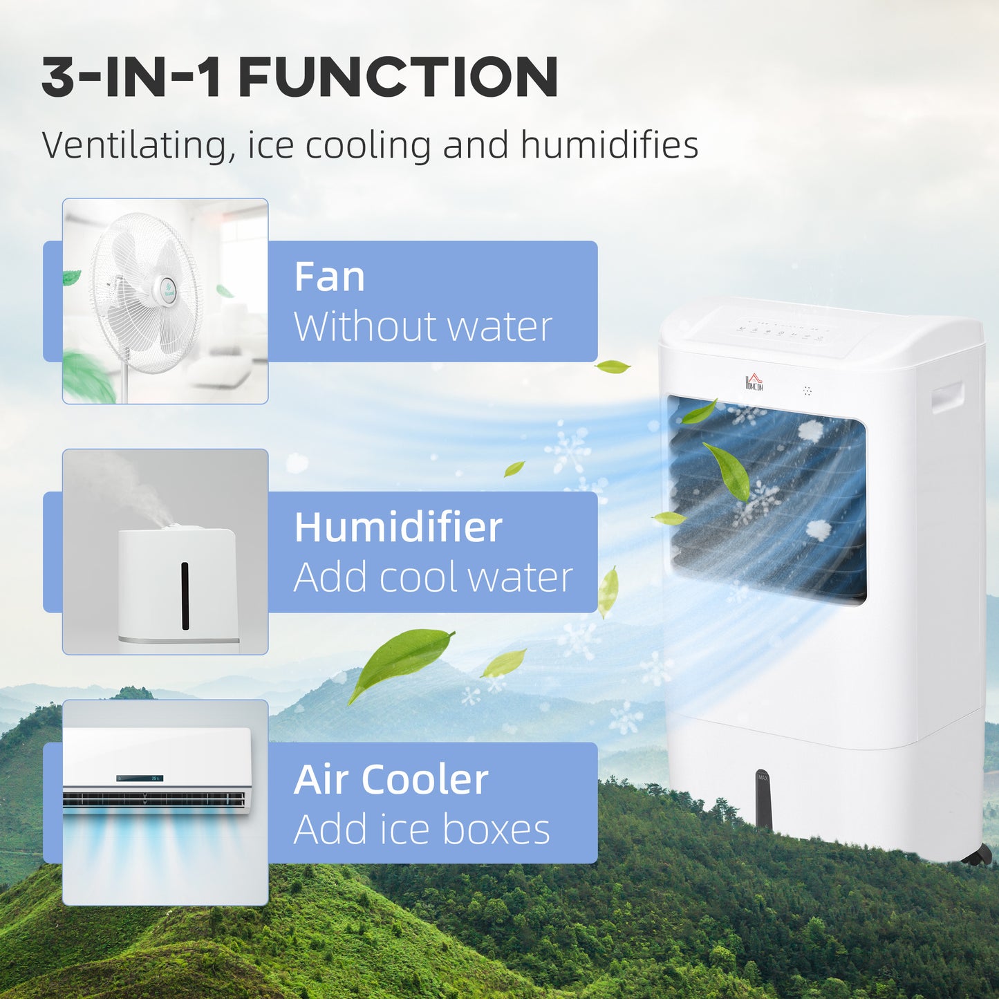 HOMCOM 78cm Portable Evaporative Air Cooler, 3-In-1 Ice Cooling Fan Cooler, Water Conditioner Humidifier Unit with Remote, 7.5H Timer, Oscillating, LED Display, 15L Water Tank for Home, White