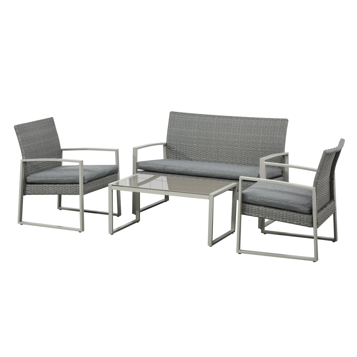 Outsunny 4 PCs PE Rattan Wicker Sofa Set Outdoor Conservatory Furniture Lawn Patio Coffee Table w/ Cushion, Grey