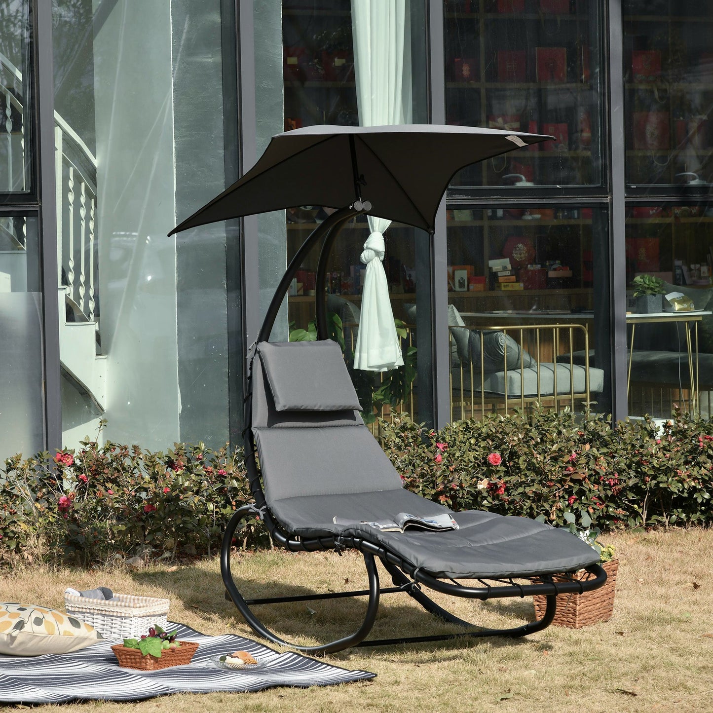 Outsunny Rocking Lounger with Canopy: Cushioned Patio Bed, Headrest Pillow for Alfresco Relaxation, Beige.