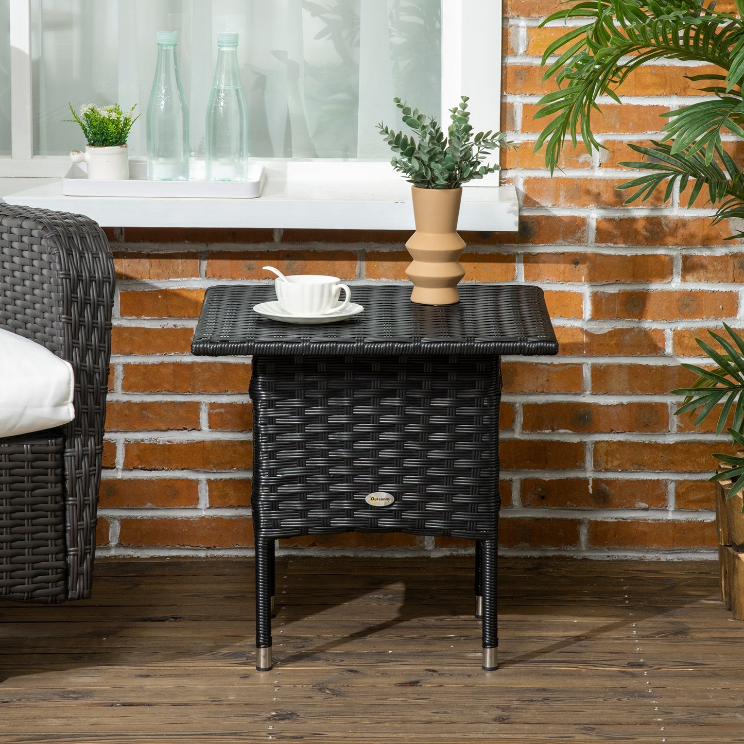 Outsunny Rattan Side Table, Weather-Resistant Outdoor Coffee Table with Durable Plastic Board, Full Woven Top for Garden, Balcony, Black