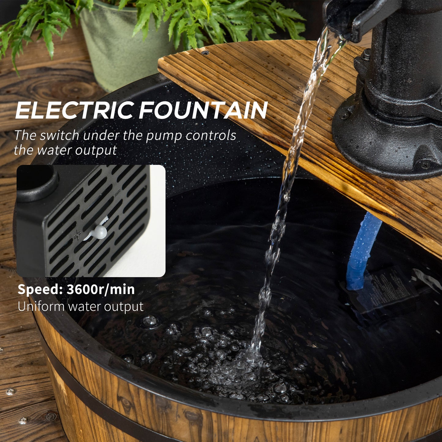 Outsunny 1 Tier Wooden Barrel Water Fountain Outdoor Garden Decorative Water Feature w/ Electric Pump