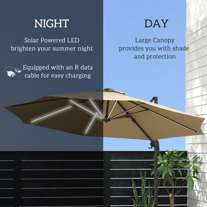 Outsunny 3(m) Adjustable Cantilever Parasol with Base, Solar LED Lights, Khaki