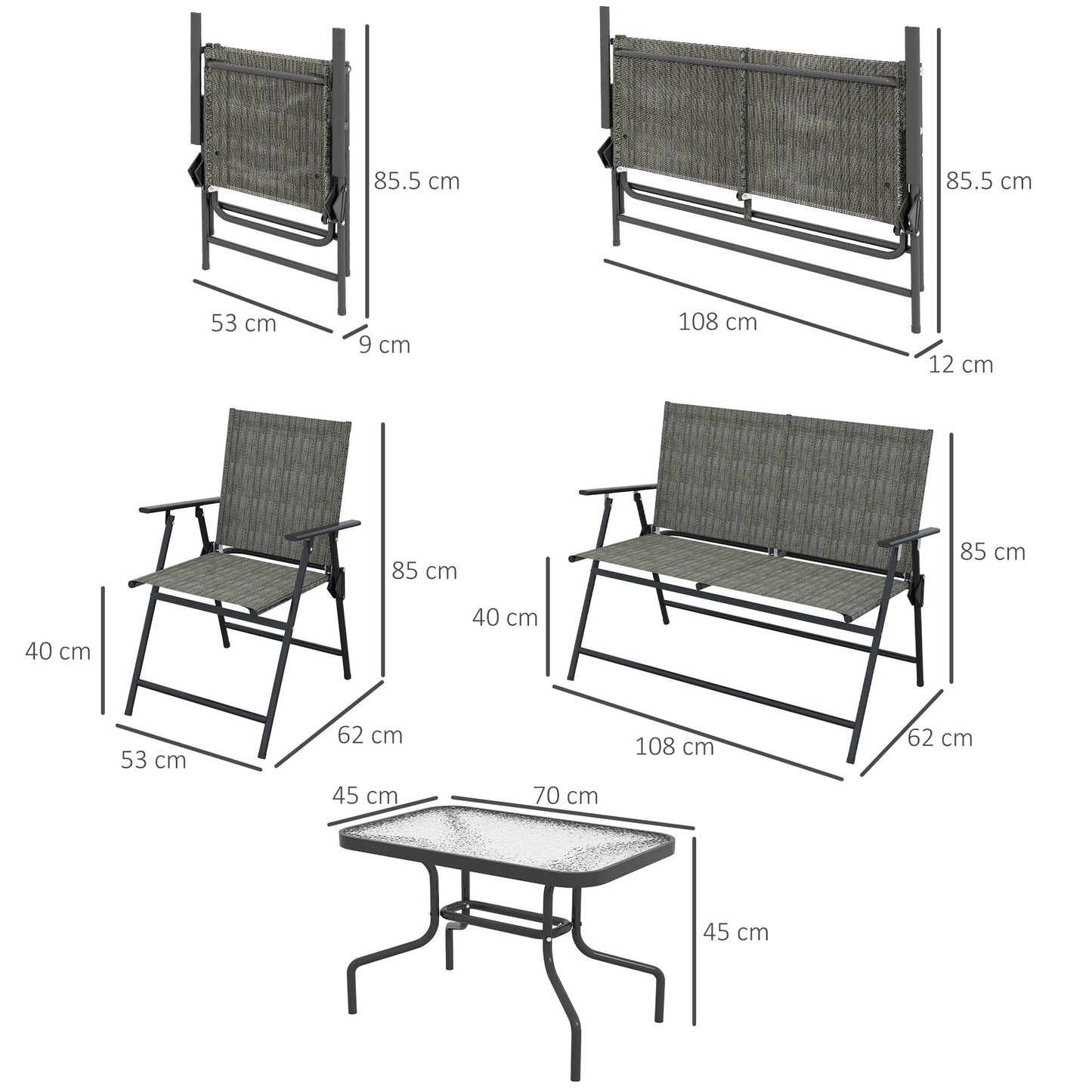 Outsunny Breathable Mesh Patio Set: Foldable Armchairs, Loveseat & Glass Table, Earthy Brown