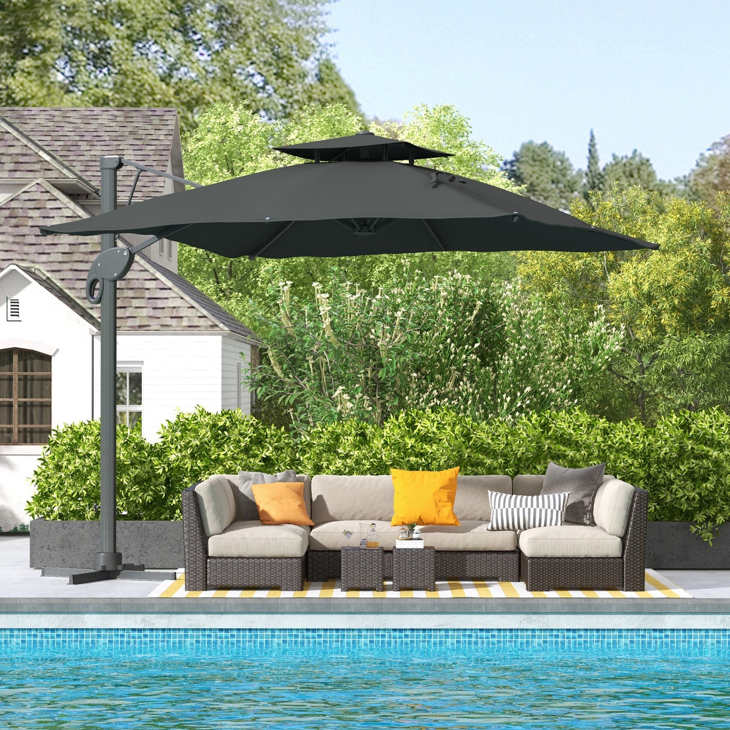 Outsunny Garden Parasol, 3(m) Cantilever Parasol with Hydraulic Mechanism, Dual Vented Top, 8 Ribs, Cross Base, Grey