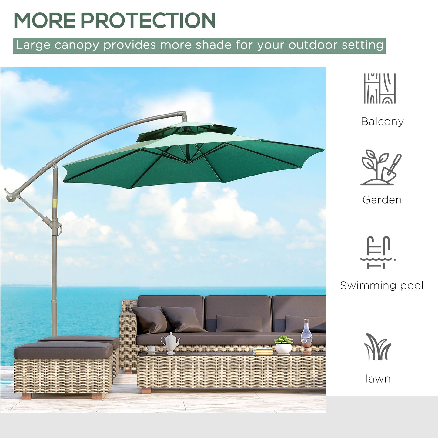 Outsunny 2.7m Cantilever Banana Parasol with Crank Handle, Double Tier Canopy & Cross Base, Outdoor Hanging Sun Shade, Green