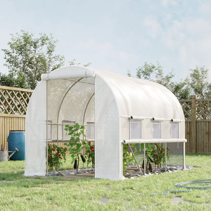 Outsunny 3 x 2 x 2m Walk-in Tunnel Greenhouse, Polytunnel Tent with PE Cover, Zippered Roll Up Door and 6 Mesh Windows, White