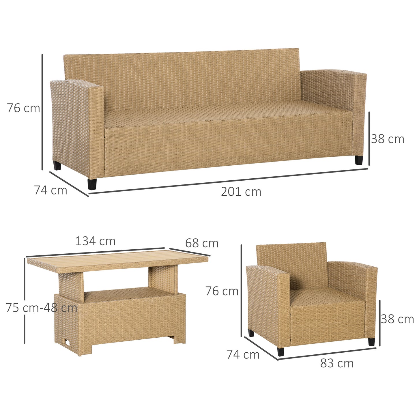 Outsunny Rattan Garden Sofa Set, 5-Seater Patio Conversation Set with Aluminium Frame & Wood Effect Table, Grey