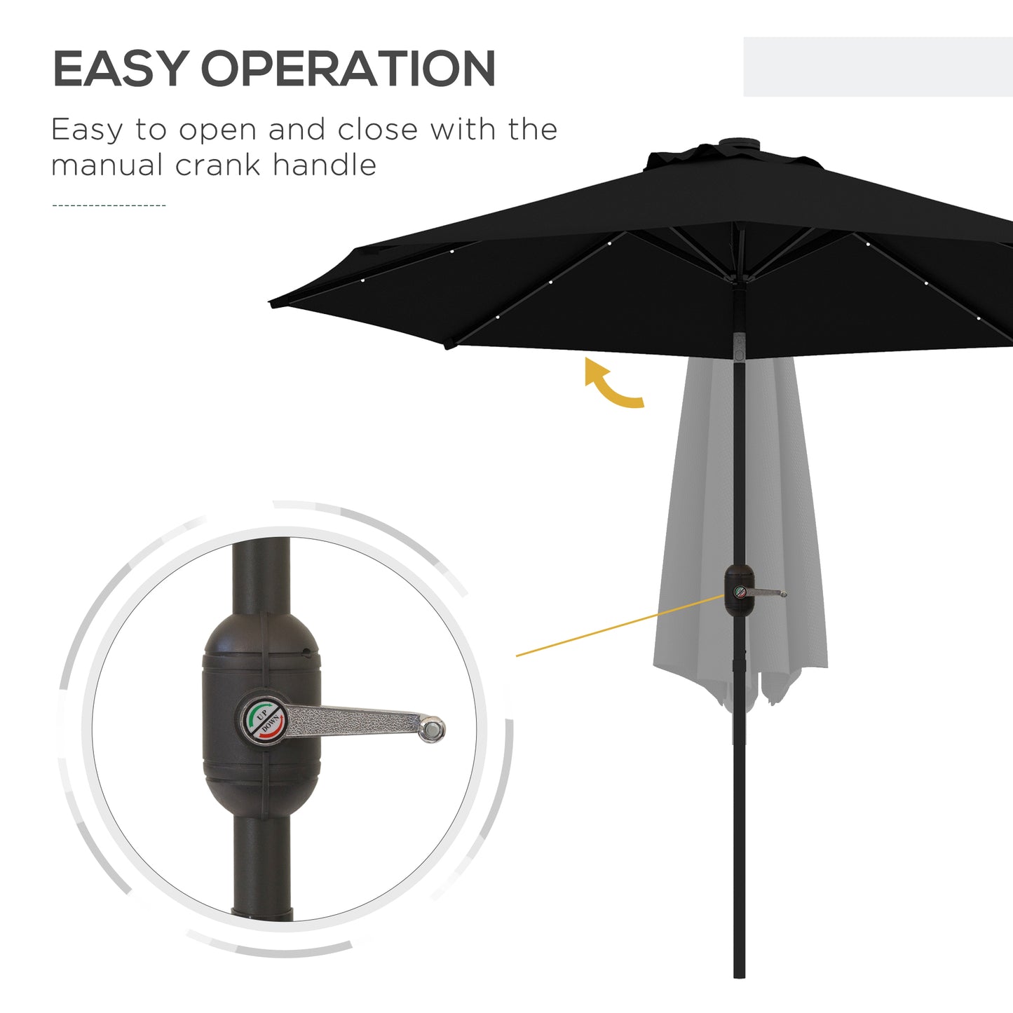 Outsunny 2.7m Outdoor Patio Garden Umbrella Parasol with Tilt Crank and 24 LEDs Lights, Black