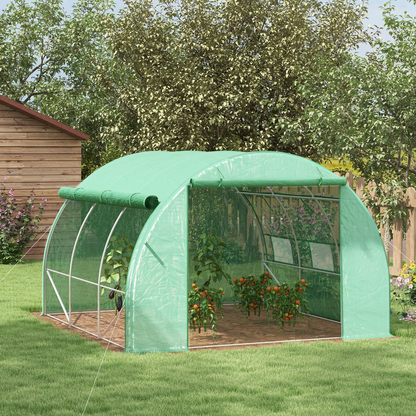 Outsunny Walk-in Polytunnel Greenhouse: With Roll-up Sidewalls, Zipped Door & 6 Ventilation Windows for Plant Growth, 3x3x2m, Green