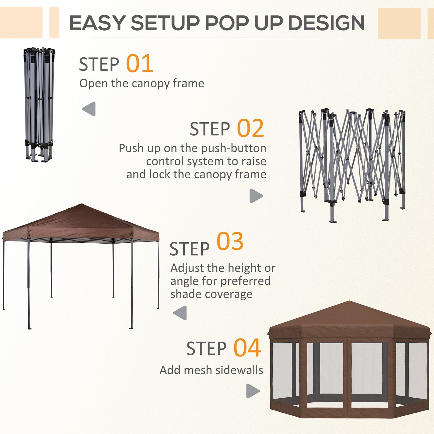 Outsunny 3x3.5m Hexagonal Pop Up Gazebo Party Canopy Height Adjustable Tent Sun Shelter w/ Mosquito Netting Zipped Door, Brown