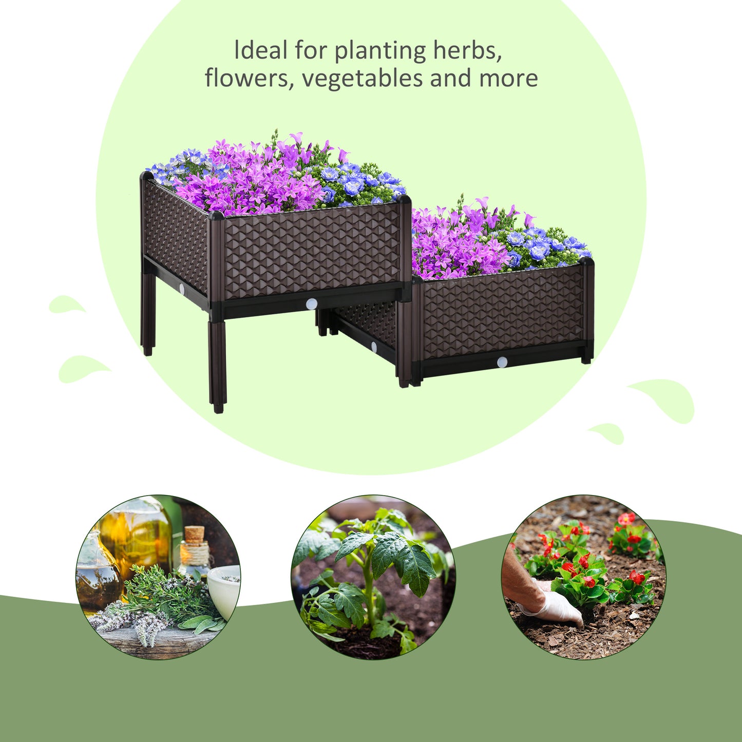 Outsunny 50cm x 50cm x 46.5cm Set of 2 Plastic Raised Garden Bed, Planter Box, Flower Vegetables Planting Container with Self-Watering Design