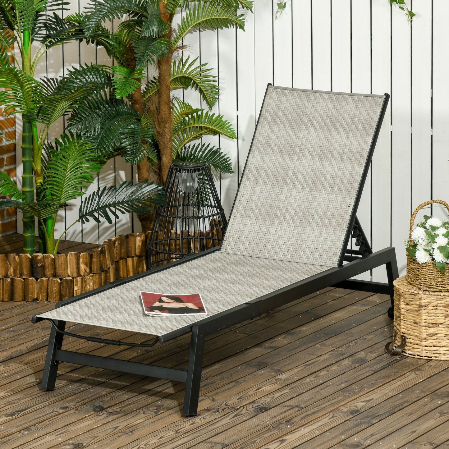 Outsunny Outdoor PE Rattan Sun Loungers, Patio Wicker Chaise Lounge Chair with 5-Position Backrest, Wheels for Sun Room, Garden, Poolside, Black