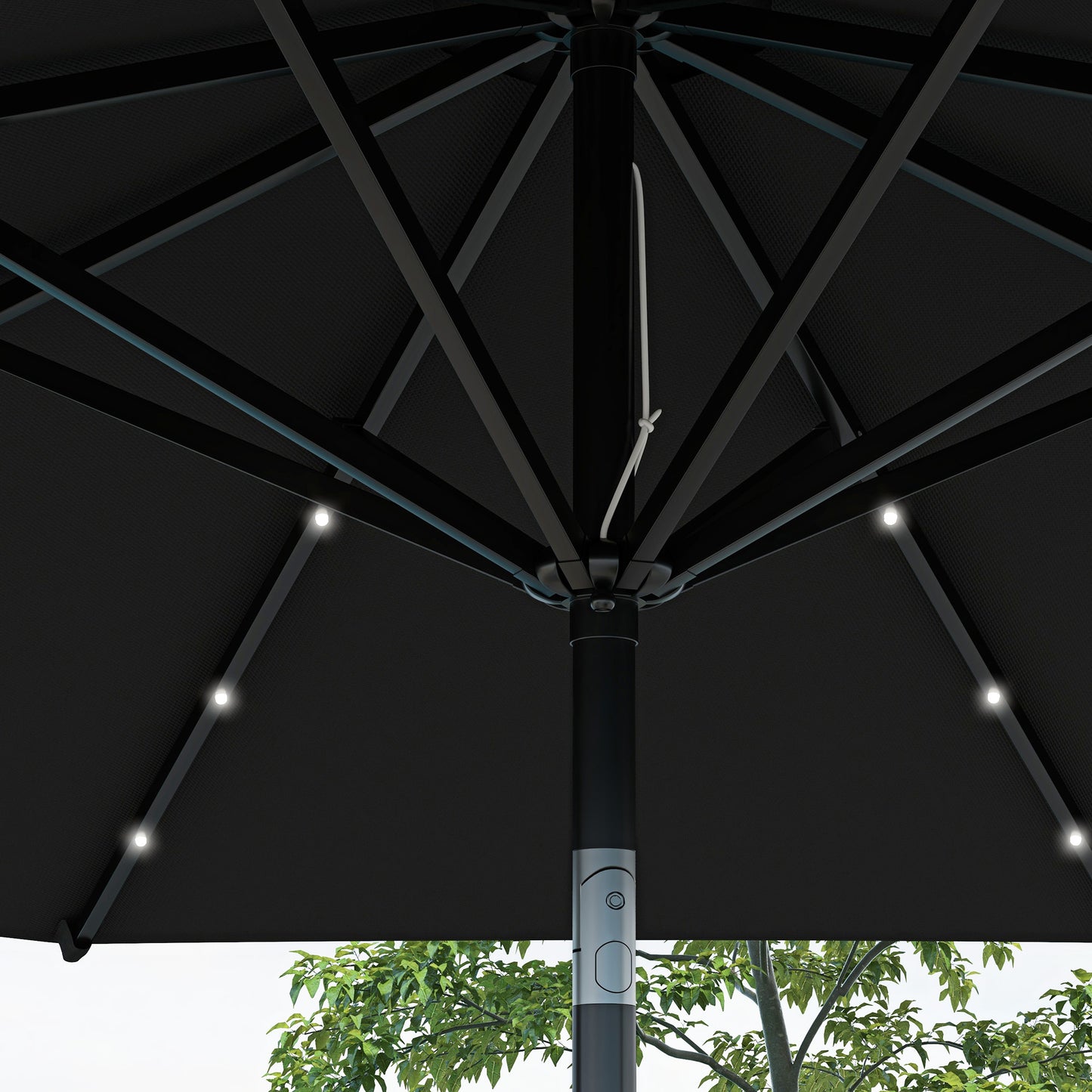 Outsunny Garden Parasol with Solar LED Lights, Tilt Sun Umbrella, Outdoor Patio Shade, 24 LED, Hand Crank, 8 Ribs, 2.7m, Black