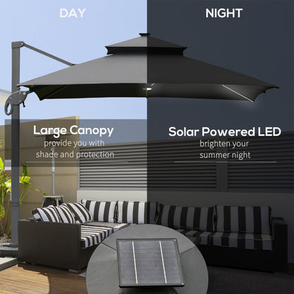 Outsunny 3 x 3(m) Cantilever Roma Parasol Garden Sun Umbrella Outdoor Patio with LED Solar Light Cross Base 360° Rotating for Backyard Dark Gray