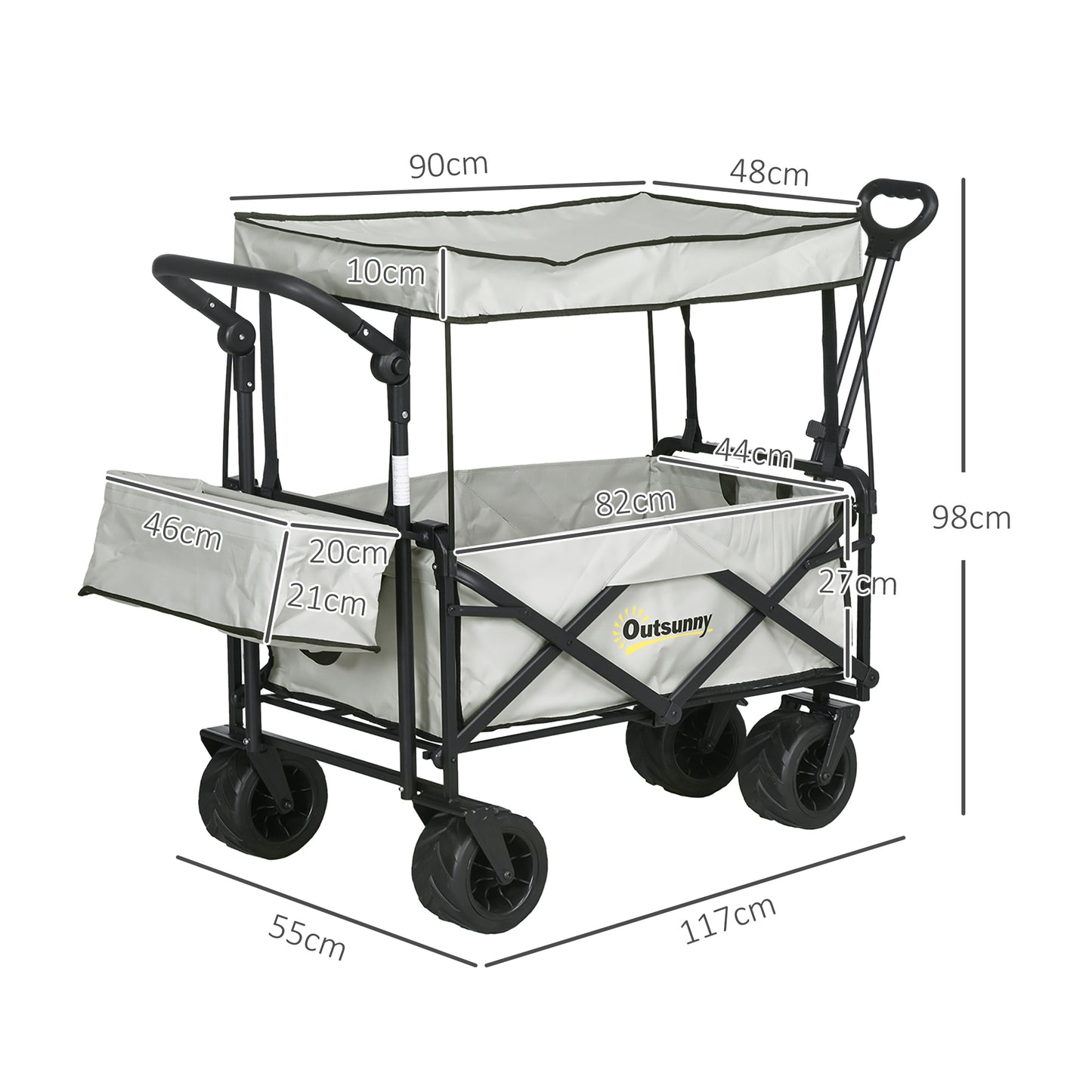 Outsunny Folding Trolley Cart Storage Wagon Beach Trailer 4 Wheels with Handle Overhead Canopy Cart Push Pull for Camping, Grey