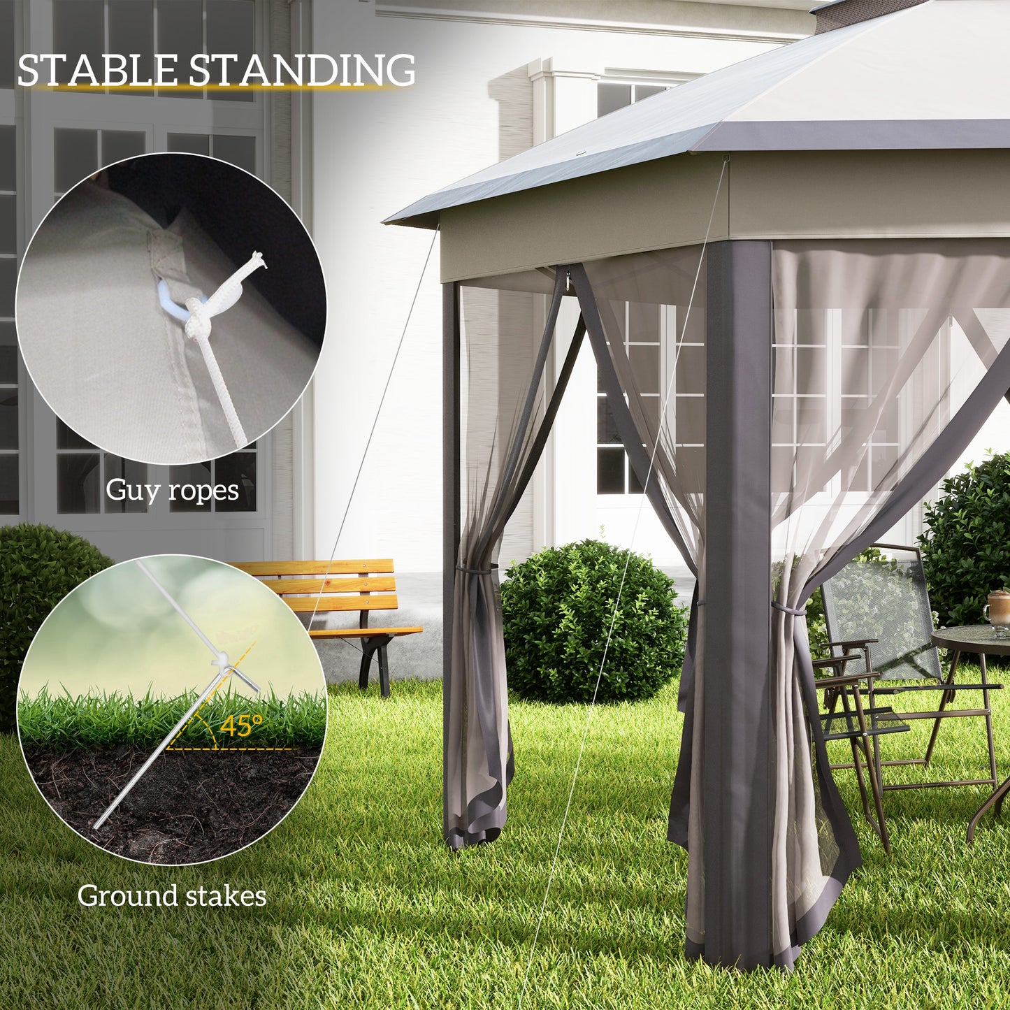 Outsunny Hexagon Patio Gazebo Pop Up Gazebo Outdoor Double Roof Instant Shelter with Netting, 4m x 4m, Beige