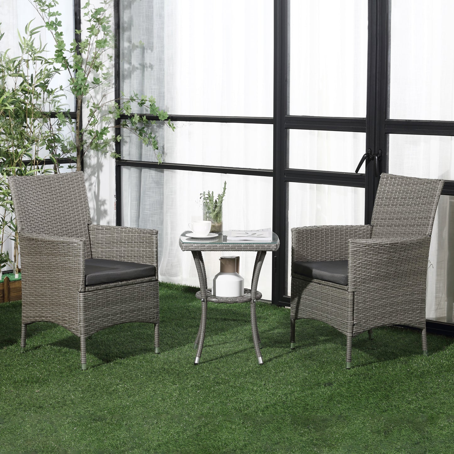 Outsunny Three-Piece Rattan Bistro Set,with Cushions, Garden Furniture,Wicker Weave Conservatory Companion, Chair Table Set - Grey