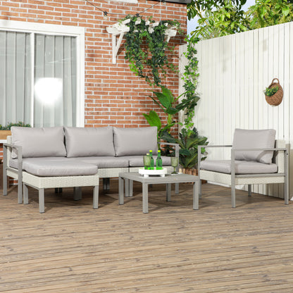 Outsunny 6 Pieces Patio Furniture Set with Sofa, Armchair, Stool, Metal Table, Cushions, for Outdoor, Light Grey