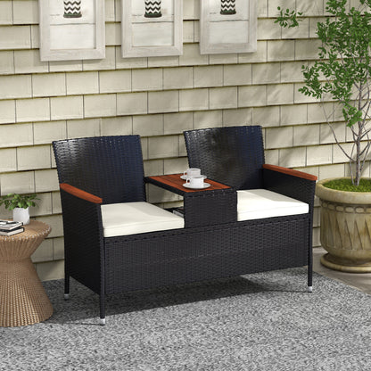 Outsunny Two-Seat Rattan Loveseat, with Wood-Top Middle Table - Black