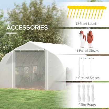 Outsunny 4x3m Walk-in Polytunnel Greenhouse, Zipped Roll Up Sidewalls, Tunnel Warm House Tent w/ PE Cover, Complimentary Plant Labels & Gloves