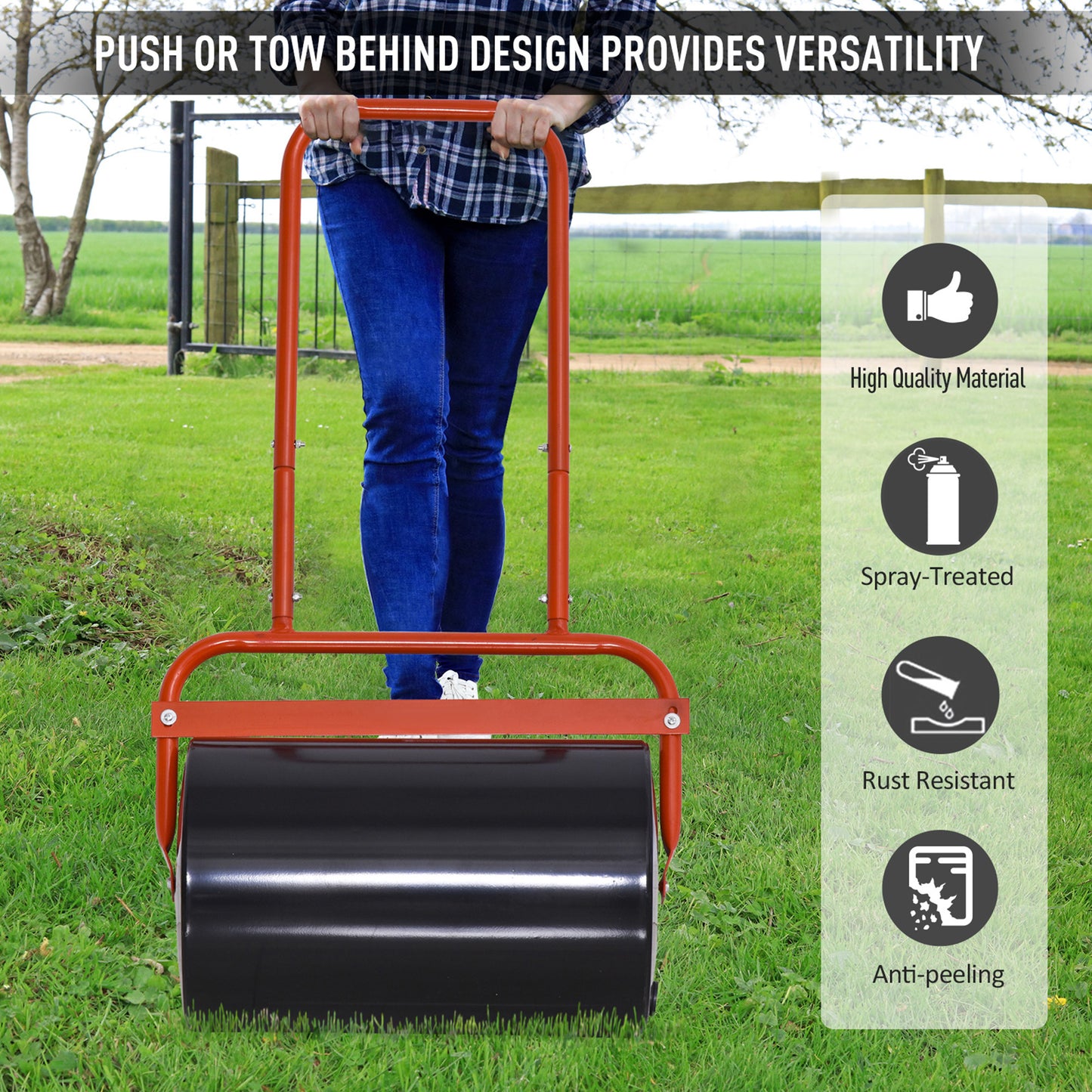 Outsunny Combination Push/Tow Lawn Roller Filled with 38L Sand (62kg) or Water, Perfect for the Garden, Backyard Φ32 x 50cm Roller