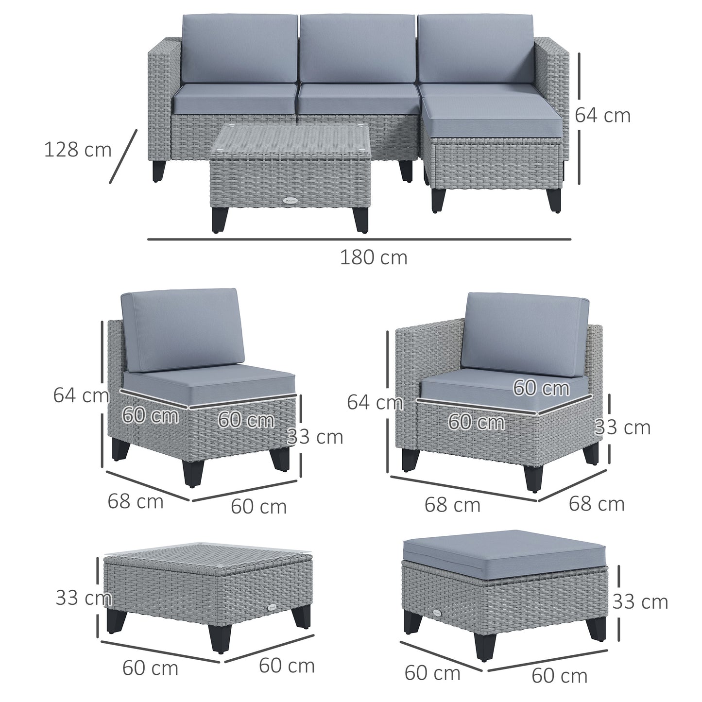 Outsunny 5-Piece Rattan Patio Furniture Set with Corner Sofa, Footstools, Coffee Table, for Poolside, Grey