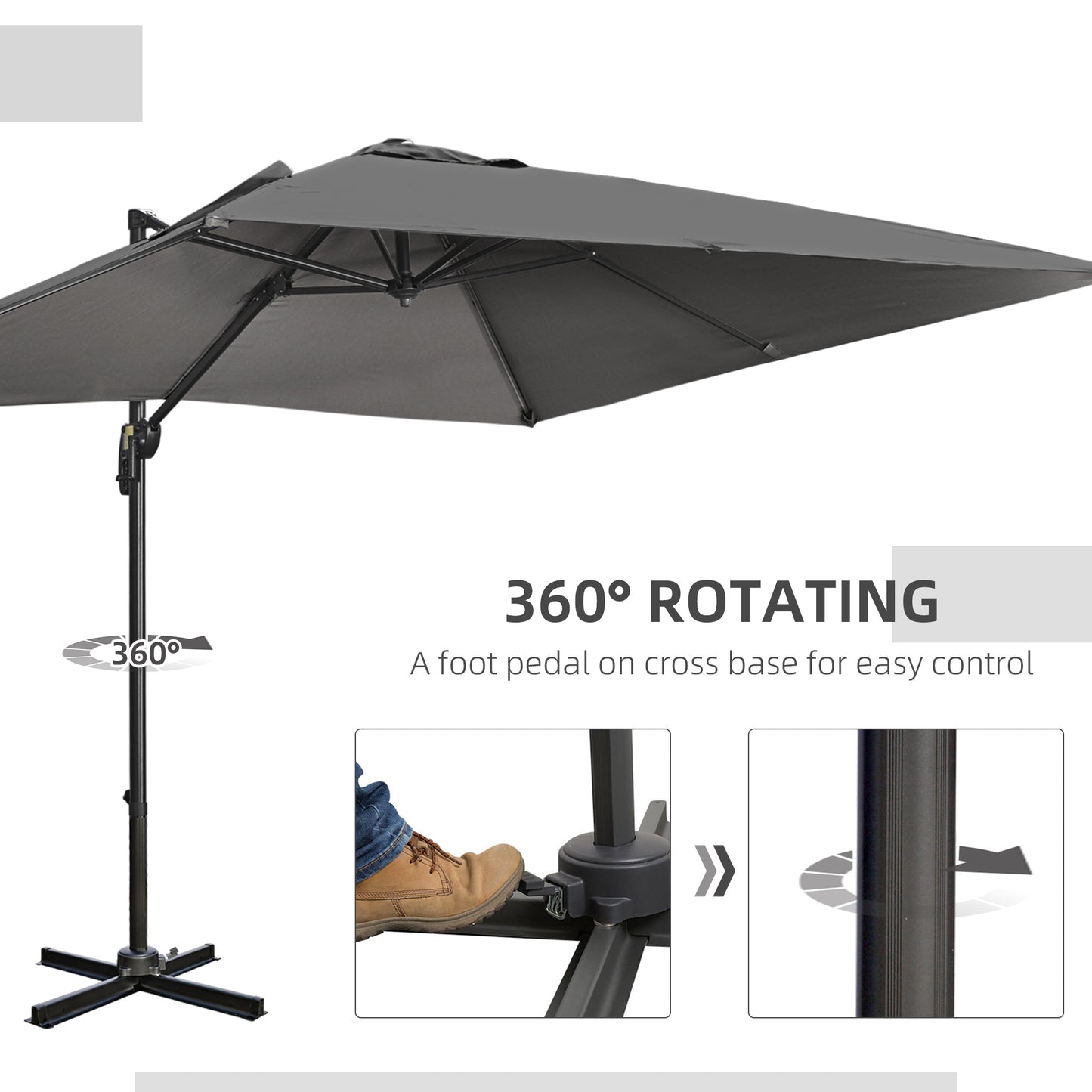 Outsunny 2.7 x 2.7 m Cantilever Parasol, Square Overhanging Umbrella with Cross Base, Crank Handle, Tilt, 360° Rotation and Aluminium Frame, Dark Grey