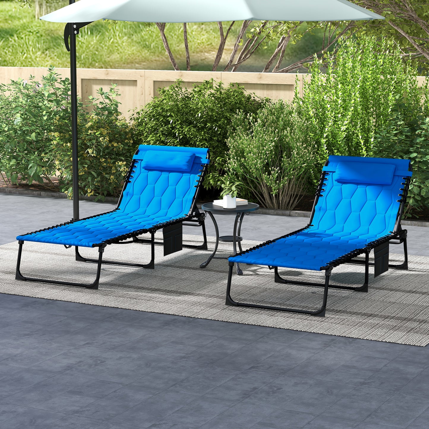 Outsunny Set of 2 Garden Chair Recliners, Double Sun Loungers with Foam Cushion, Five-Position Reclining Backs & Metal Frame for Garden Patio, Blue | Aosom UK