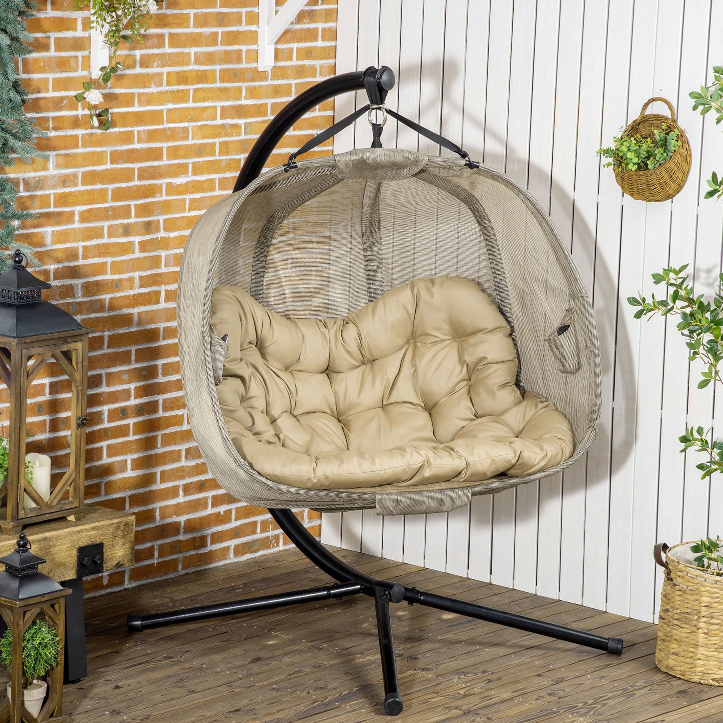 Outsunny Double Hanging Egg Chair 2 Seaters Swing Hammock Chair with Stand, Cushion and Folding Design, for Indoor and Outdoor, Brown
