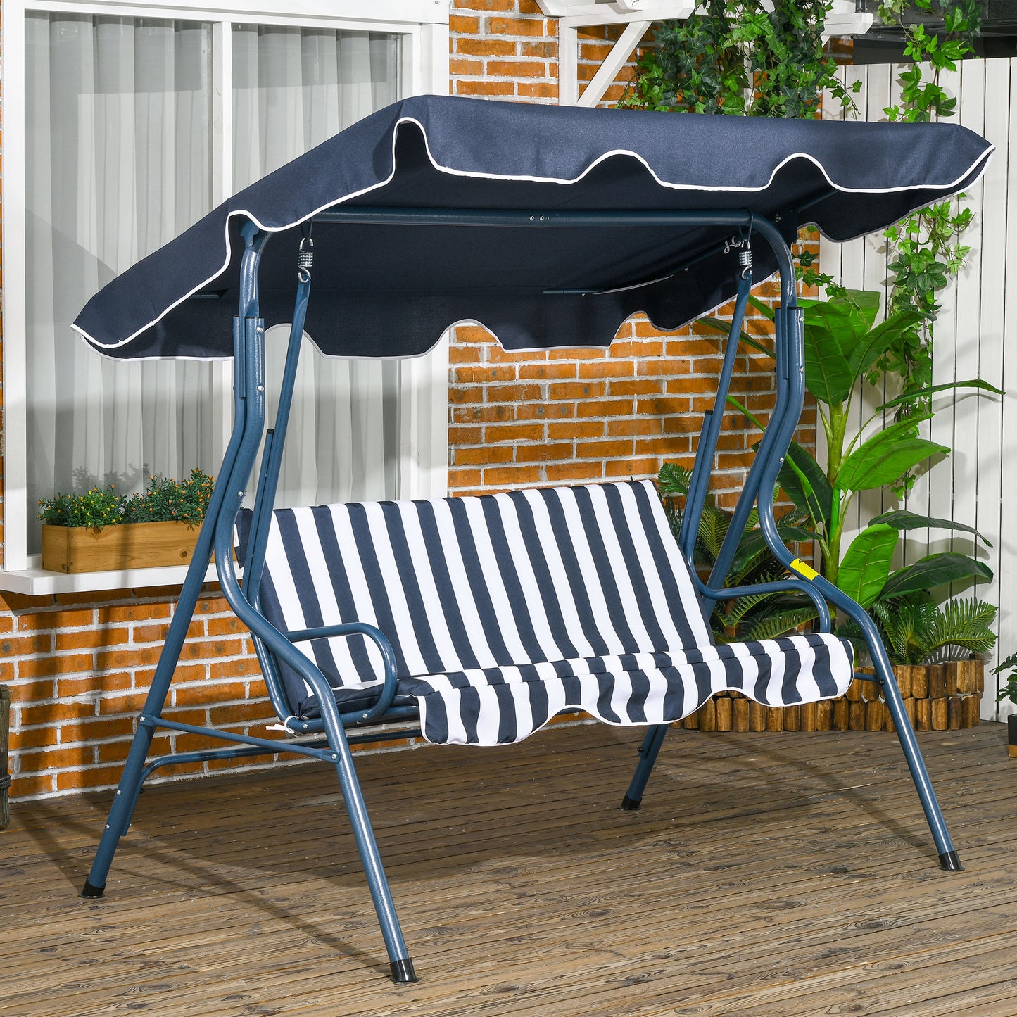 Outsunny 3 Seater Garden Swing Seat Chair Outdoor Bench with Adjustable Canopy and Metal Frame, Blue Stripes