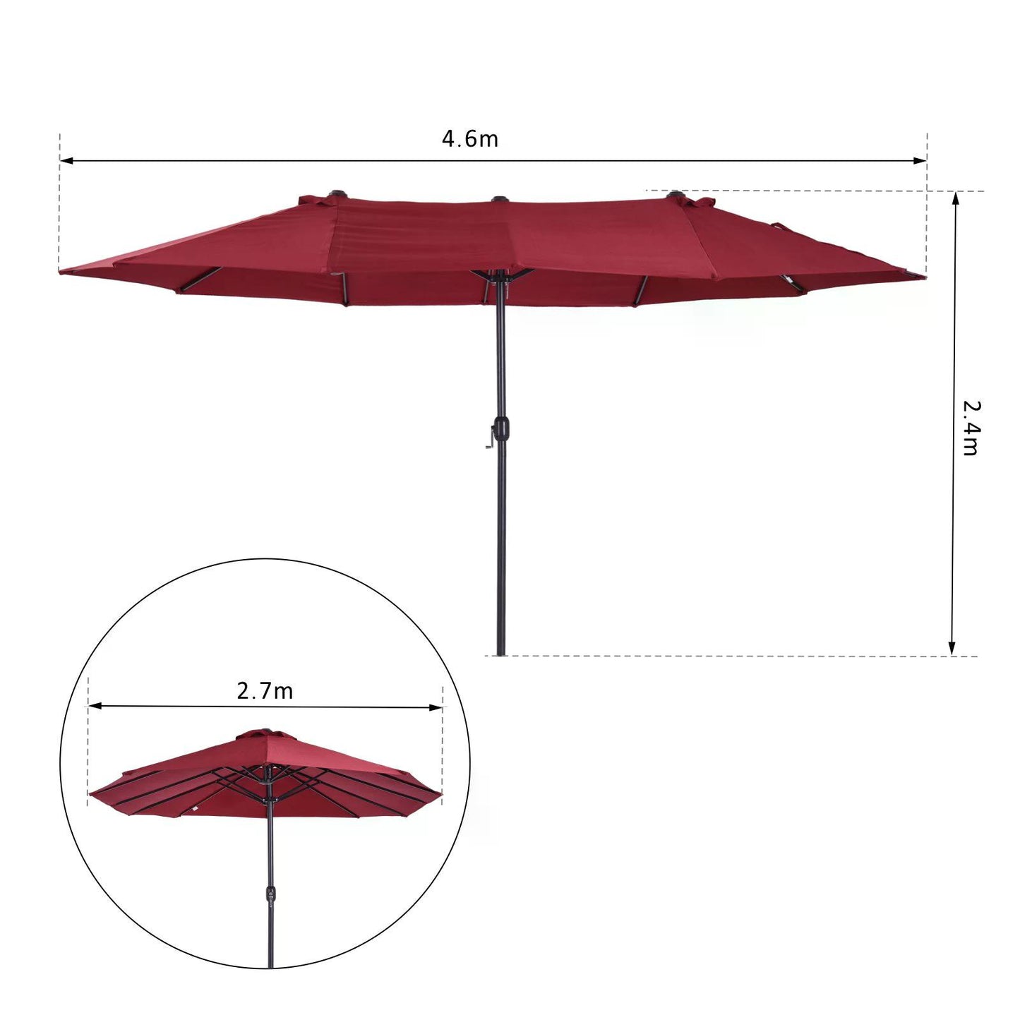 Outsunny 4.6m Double-Sided Patio Parasol Sun Umbrella-Wine Red