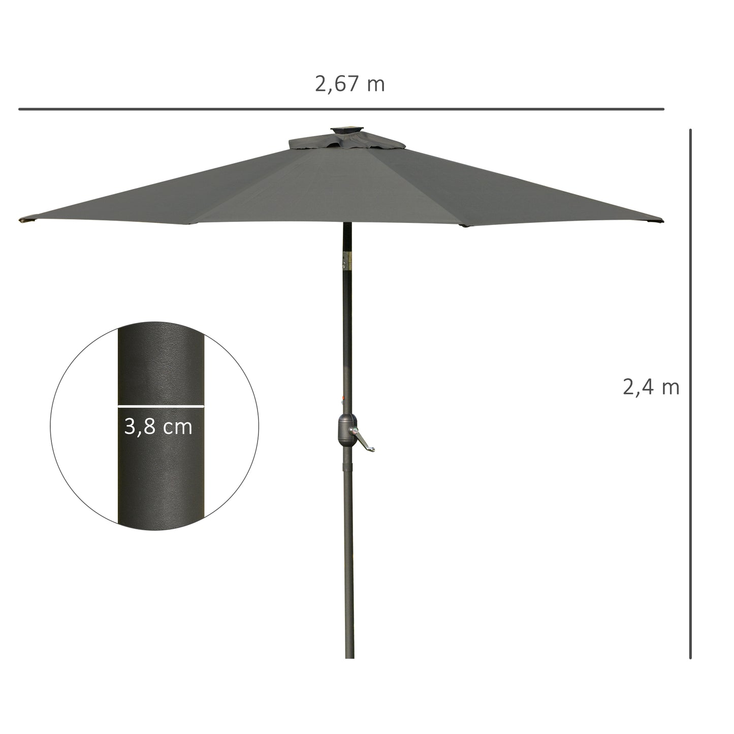 Outsunny Patio Parasol with LED Lights, 2.7m Garden Umbrella in Grey, Push Button Tilt/Crank, 8 Rib Sun Shade for Outdoor Tables