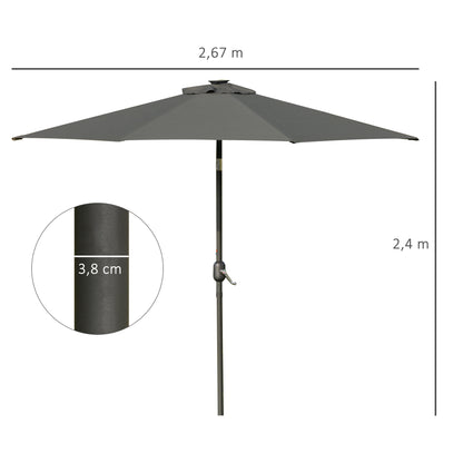 Outsunny Patio Parasol with LED Lights, 2.7m Garden Umbrella in Grey, Push Button Tilt/Crank, 8 Rib Sun Shade for Outdoor Tables