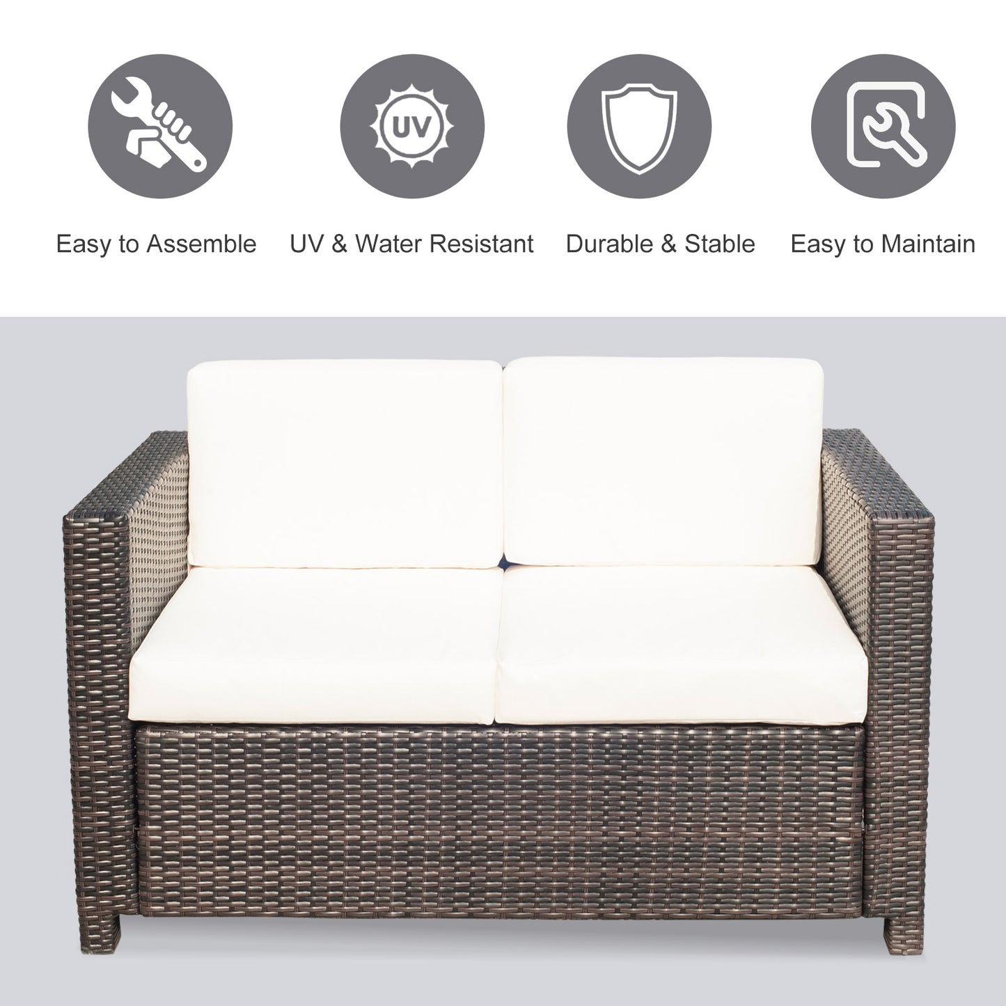 Outsunny Garden Rattan Sofa 2 Seater Outdoor Garden Wicker Weave Furniture Patio 2-Seater Double Couch Loveseat Brown