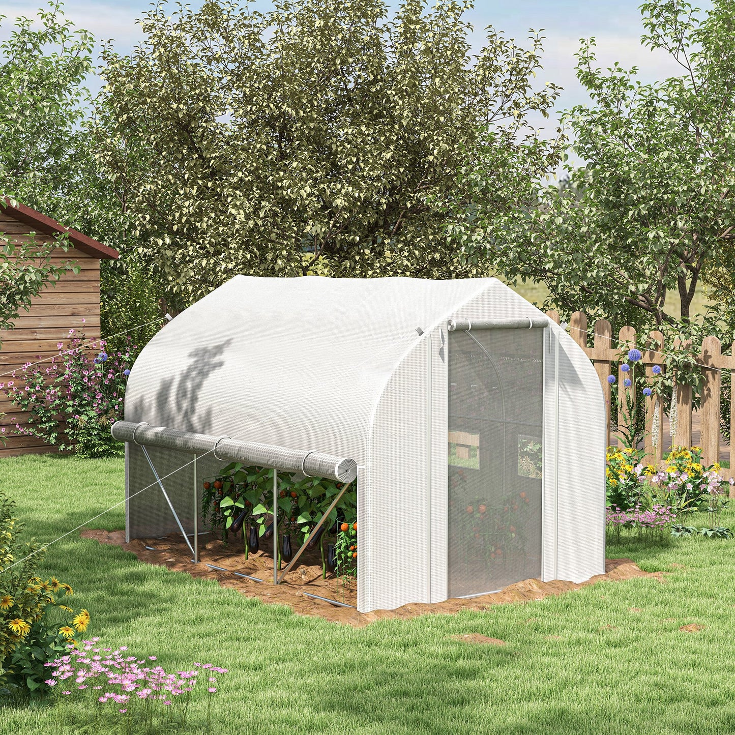 Outsunny 3 x 2m Walk-in Polytunnel Greenhouse, Zipped Roll Up Sidewalls, Mesh Door, Mesh Windows, Tunnel Warm House Tent w/ PE Cover, White