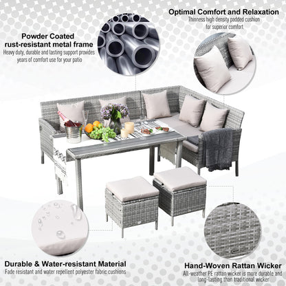 Outsunny 6-Seater Garden Outdoor Patio Rattan Corner Dining Set Wicker Sofa, Foot Stool, Dining Table with White Cushions, Mixed Grey