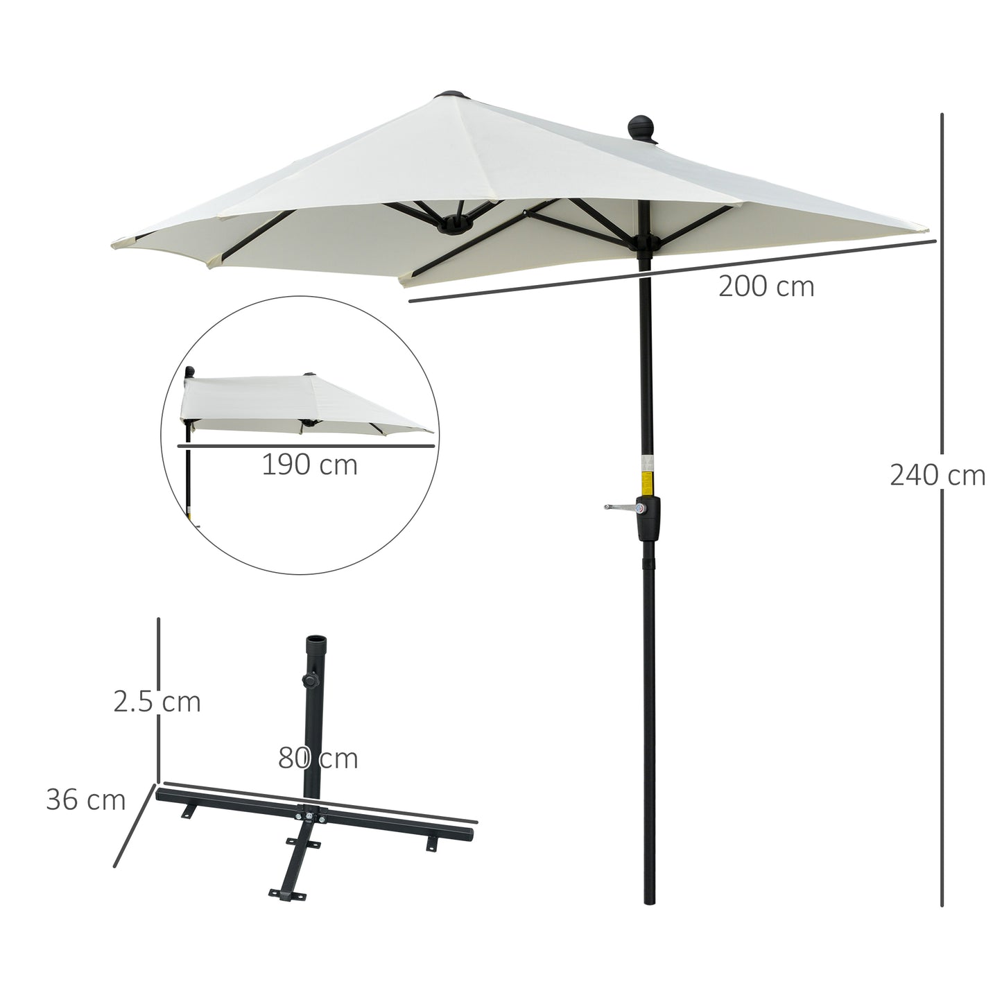 Outsunny Half Parasol: Crank-Operated Sunshade for Balconies & Gardens, Cream White Canopy