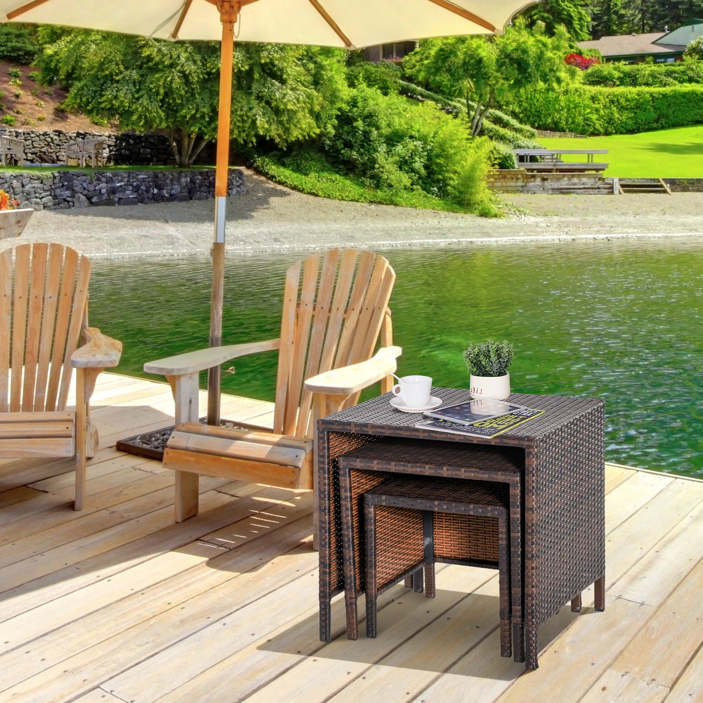 Outsunny Rattan Tea Table Set Garden Furniture 3 PCs Nest of Tables Patio Outdoor End Side Table Wicker Conservatory
