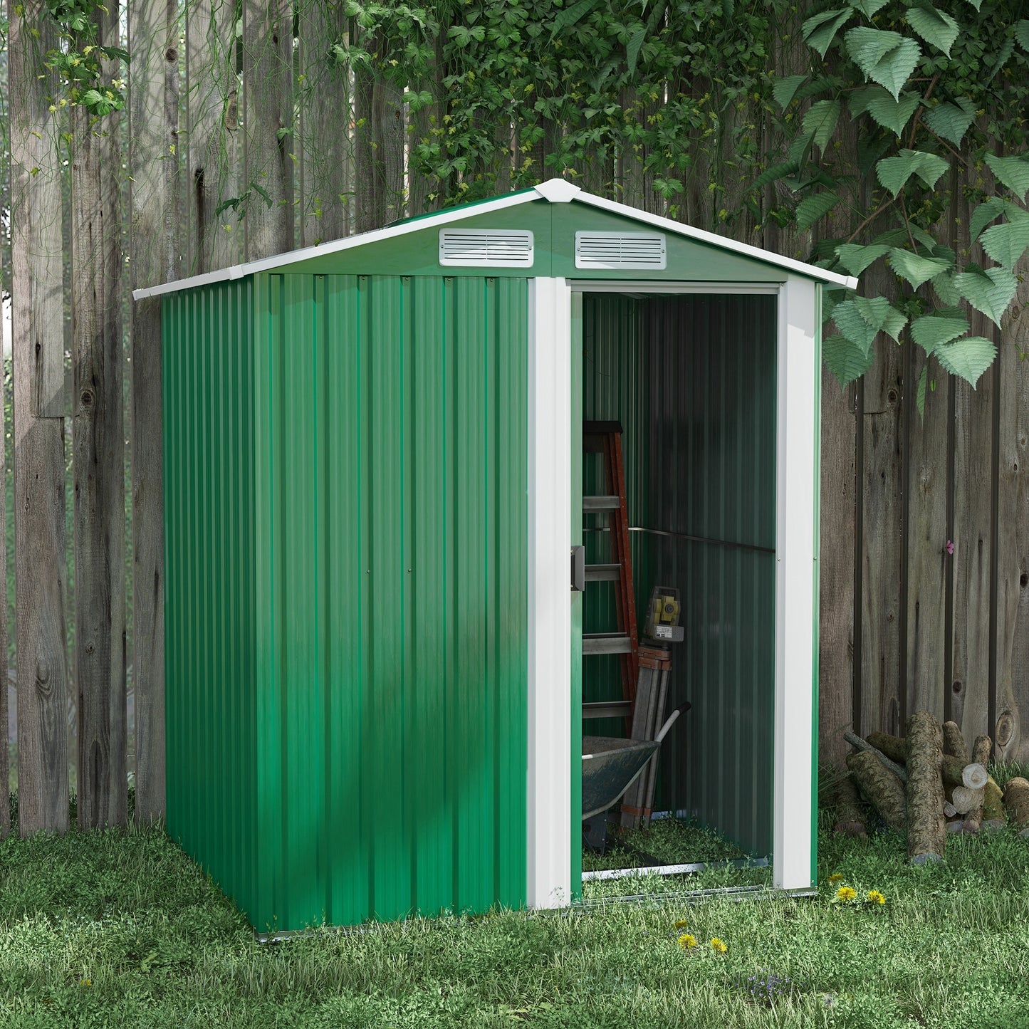 Outsunny Garden Metal Tool Storage Shed with Sliding Door, Sloped Roof and Floor Foundation, 152 x 132 x 188cm, Green