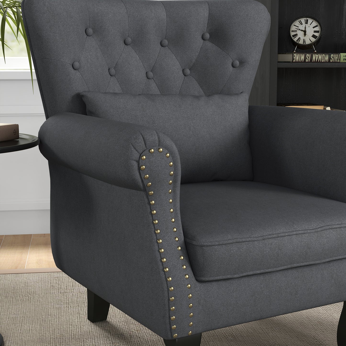 HOMCOM Chesterfield-style Accent Chair, Tufted Wingback Armchair with Pillow, Naihead Trim for Living Room, Bedroom, Dark Grey